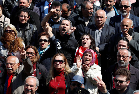 Supporters of the main opposition Republican People's Party (CHP) shout anti-government slogans during a protest against the attack on their leader Kemal Kilicdaroglu, in Istanbul, Turkey, April 22, 2019. REUTERS/Murad Sezer