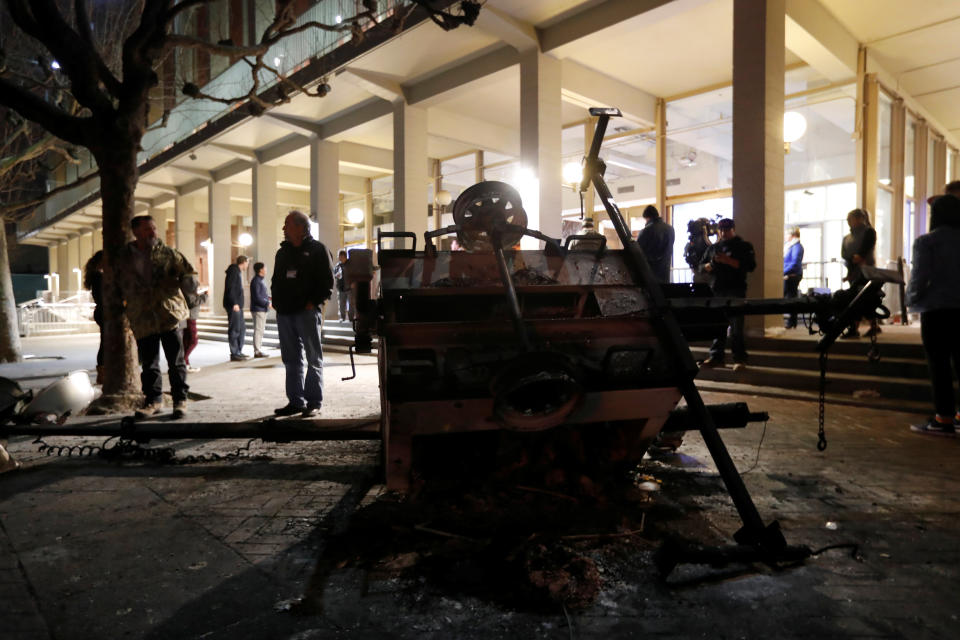 A burned out portable light system is seen at UC Berkeley.&nbsp;