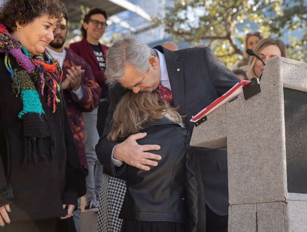 PHOTO: Mayor Steve Adler hugs Kai Shappley, 11, who is transgender, after reading a proclamation declaring the city a safe and inclusive one for transgender families at City Hall in Austin, Texas on March 9, 2022. (Jay Janner/Austin American-Statesman-USA Today Network, FILE)