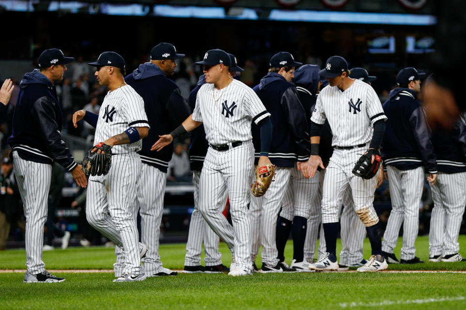 Oct 5, 2019; Bronx, NY, USA; The New York Yankees celebrate defeating the Minnesota Twins after game two of the 2019 ALDS playoff baseball series at Yankee Stadium. Mandatory Credit: Andy Marlin-USA TODAY Sports