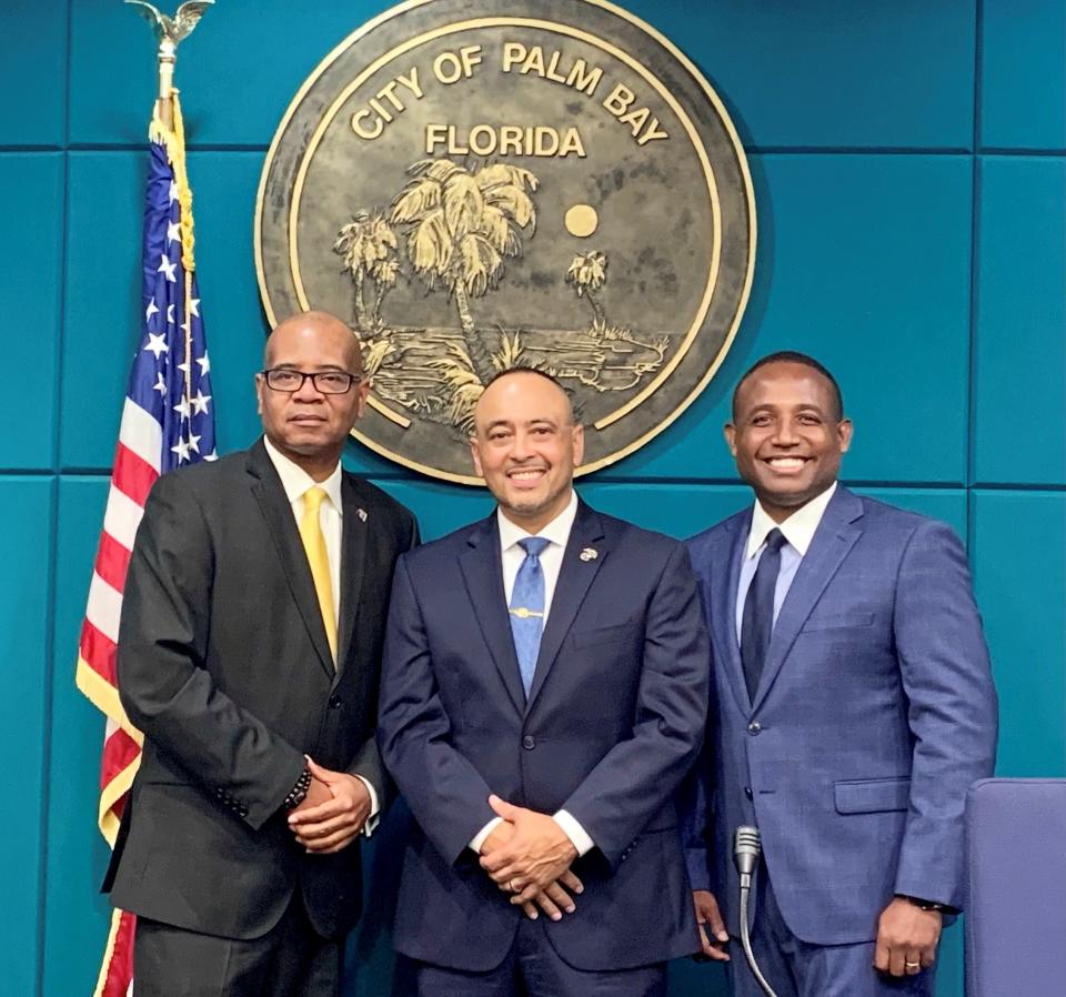 (Left to right) Newly elected Palm Bay City Councilman Randy Foster, Mayor Rob Medina and City Councilman Donny Felix took oaths of office in November 2020.