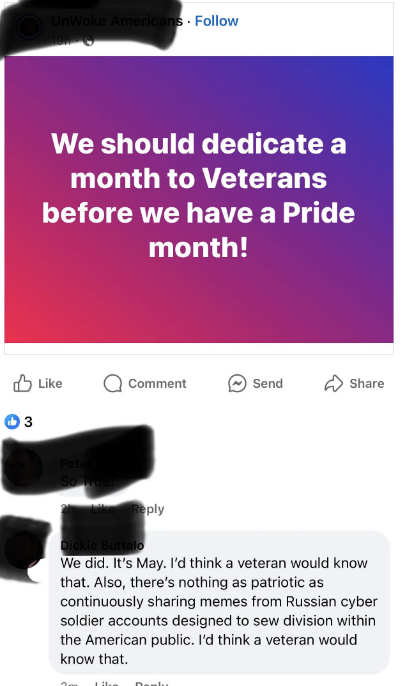 A Facebook post reads, "We should dedicate a month to Veterans before we have a Pride month!" Comment below reads, "We did. It's May. I'd think a veteran would know that..."