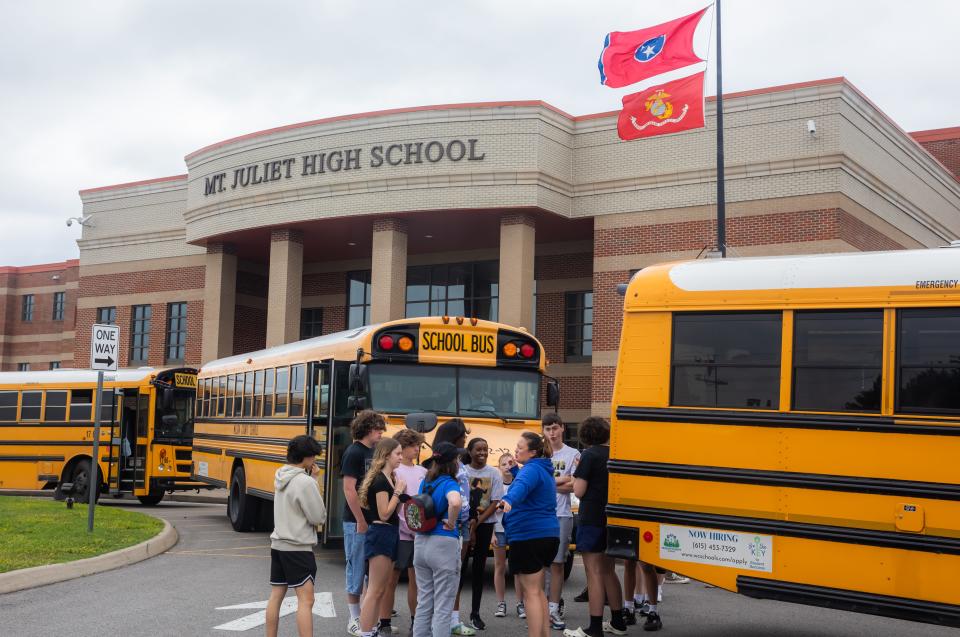 West Wilson Middle School students exit Mt. Juliet High School for a field day at West Wilson Middle Friday, May 19, 2023.  The students who have been attending class at Mt. Juliet High School due to tornado damage to their school are about to graduate without ever having taken a class at their middle school.  