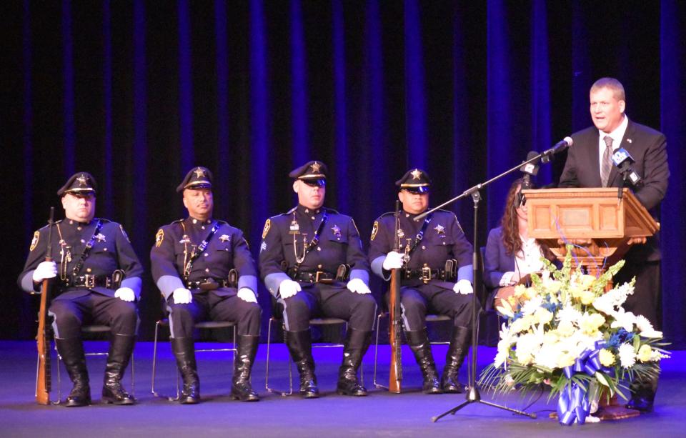 Bristol County Sheriff Paul Heroux speaks after being sworn in Tuesday, Jan. 3 at B.M.C. Durfee High School in Fall River.