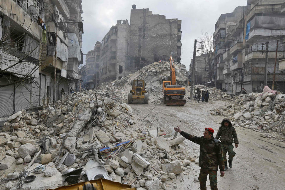 Syrian rescue teams search for survivors in Aleppo on Feb. 6, 2023. (Louai Beshara / AFP - Getty Images)