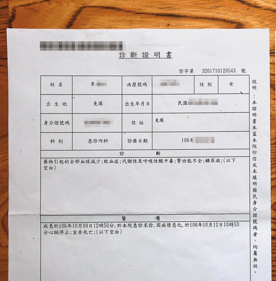 黃母在10月12日身亡，醫師診斷是藥物引起的酸中毒等症狀。