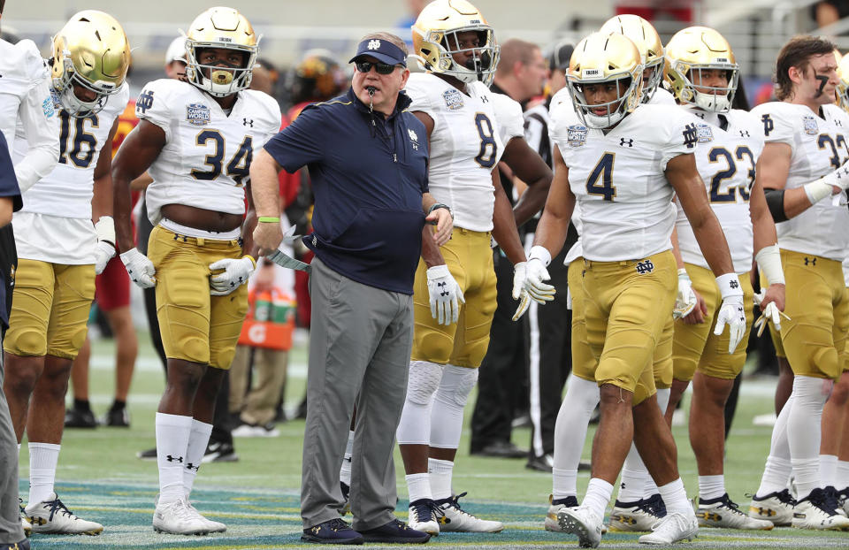 Notre Dame head coach Brian Kelly before the Camping World Bowl against Iowa State at Camping World Stadium in Orlando, Fla., on Saturday, Dec. 28, 2019. (Stephen M. Dowell/Orlando Sentinel/Tribune News Service via Getty Images)