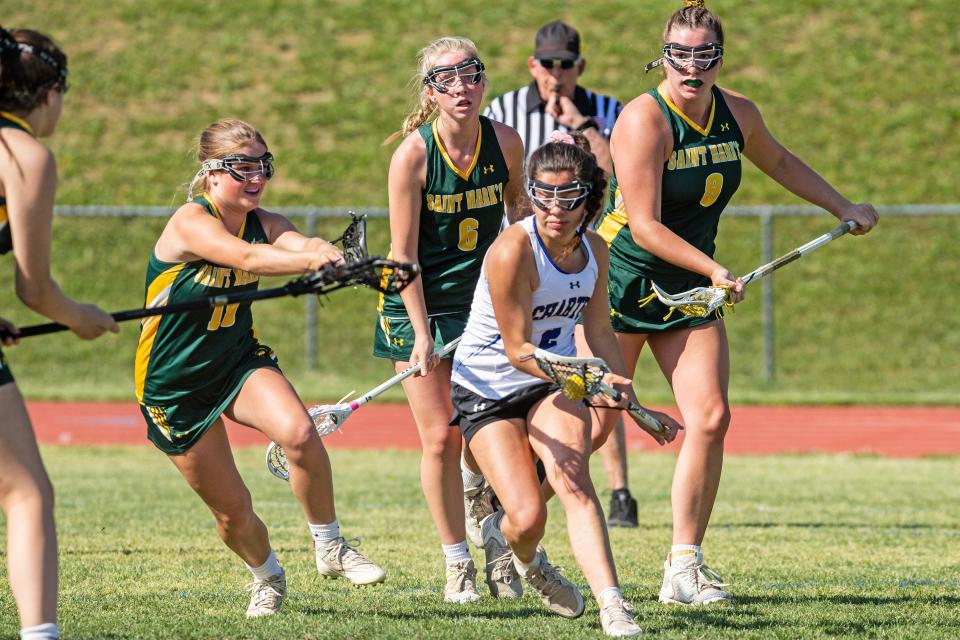 Charter School of Wilmington senior Elle Toth (2) moves the ball against Saint Mark's during the first-round game in the DIAA Girls Lacrosse Tournament at Charter of Wilmington, Wednesday, May 17, 2023. Charter won 16-9.