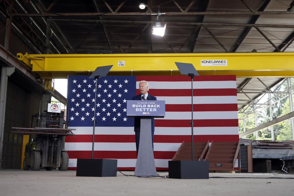 Democratic presidential candidate former Vice President Joe Biden speaks at McGregor Industries in Dunmore, Pa., Thursday, July 9, 2020. (AP Photo/Matt Slocum)