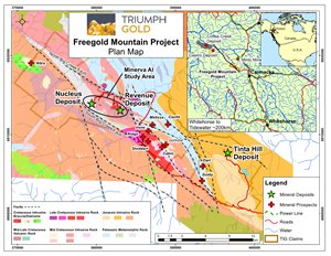 Location of the Freegold Mountain Project and Triumph Gold’s 2021 Minerva Artificial Intelligence study of the Revenue-Nucleus Area.