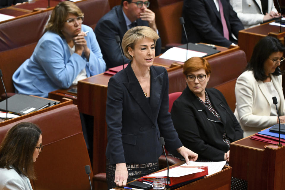 The Deputy Leader of the opposition in the Senate Michaelia Cash speaks during debate on the Voice to Parliament in the Senate chamber at Australia's Parliament House, in Canberra, Monday, June 19, 2023. The Senate voted to hold a referendum this year on creating an Indigenous Voice to Parliament, an advocate aiming to give the nation's most disadvantaged ethnic minority more say on government policy. (Lukas Coch/AAP Image via AP)