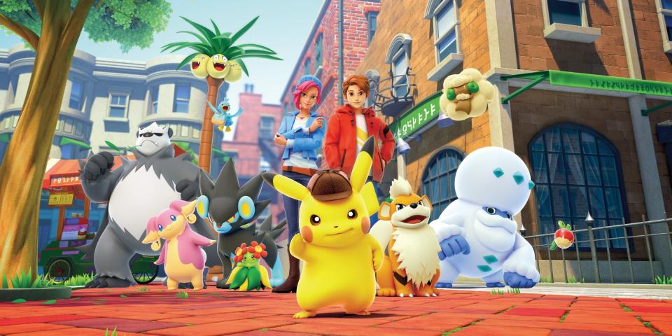 Detective Pikachu and all his friends pose for a photo.