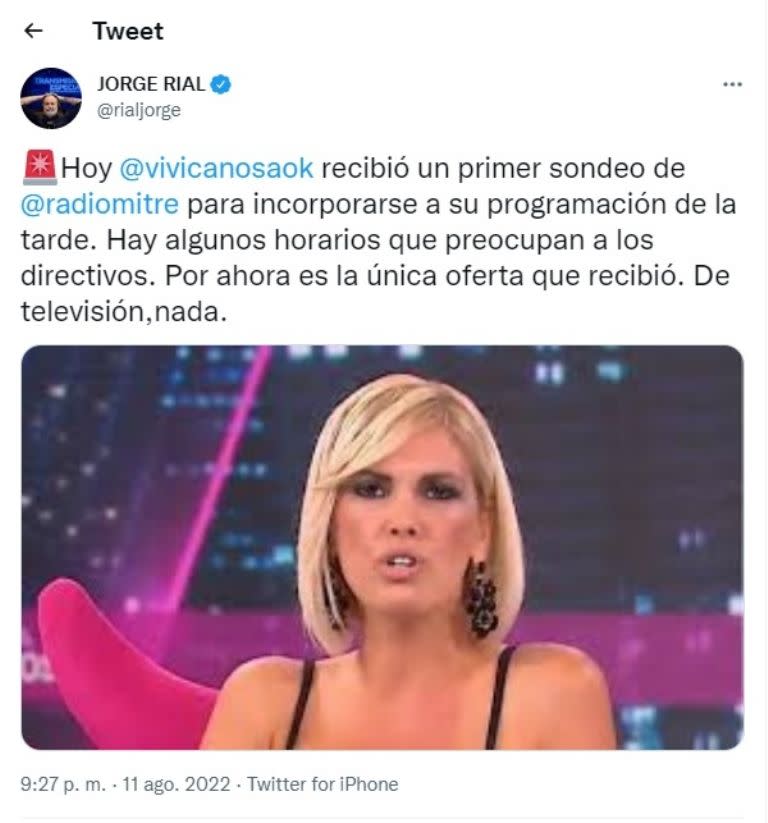 Tuit de Jorge Rial sobre Viviana Canosa.