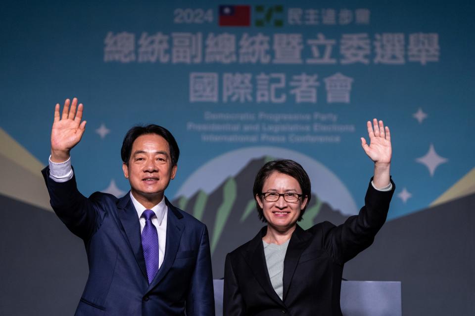 From left, President-elect Lai Ching-te and Vice President-elect Bi-khim Hsiao celebrate winning the election on Jan. 13, 2024, in Taipei, Taiwan. Lai, the current vice president and a member of the governing Democratic Progressive Party, was opposed by China. Hsiao is Taiwan’s former envoy to the United States.