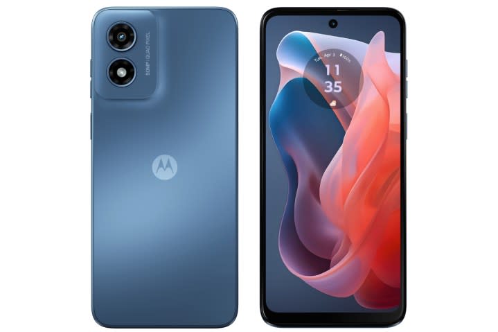 Renders of the Moto G Play (2024), showing the front and back of the phone.