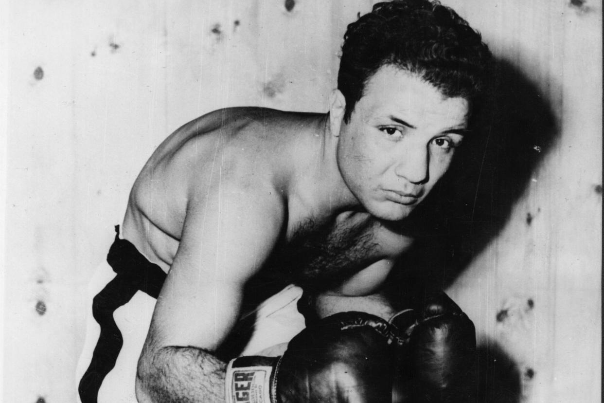 Jake LaMotta in training for his 1949 bout with Marcel Cerdan. LaMotta won the fight in Detroit and was declared middleweight champion of the world: Getty