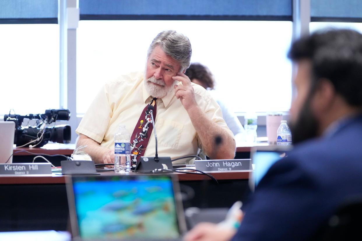 Board members John Hagan listens to public testimony in October on a resolution that opposes proposed changes to Title IX, the federal law that prohibited discrimination in schools on the basis of sex, during a board meeting at the Ohio Department of Education.