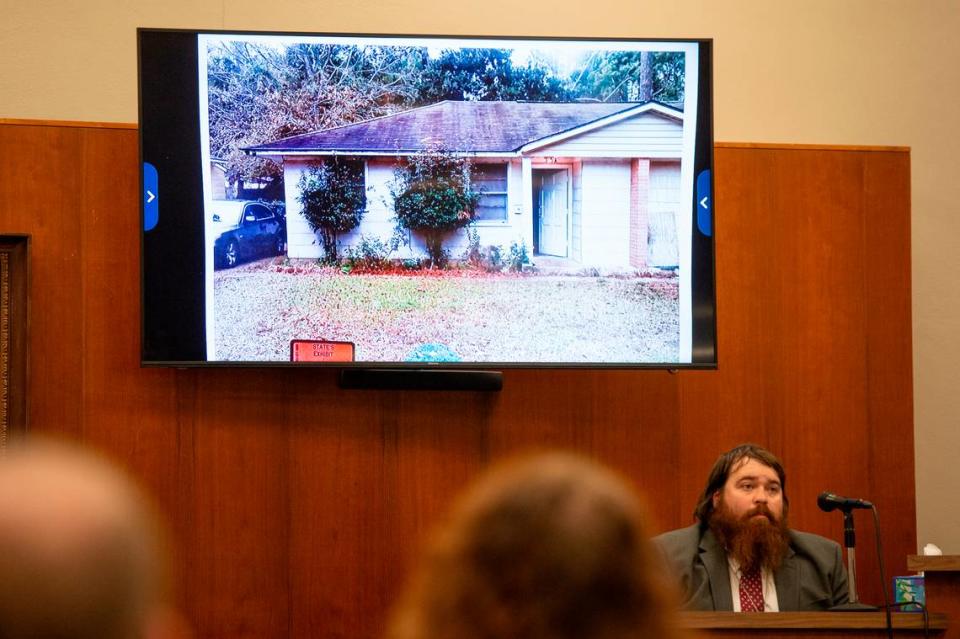A photo of the Heard’s home is shown as investigator Rex Richie testifies in Joseph David Heard’s trial for capital murder in the death of Hayden Bataille in Harrison County Circuit Court in Biloxi on Wednesday, May 8, 2024.