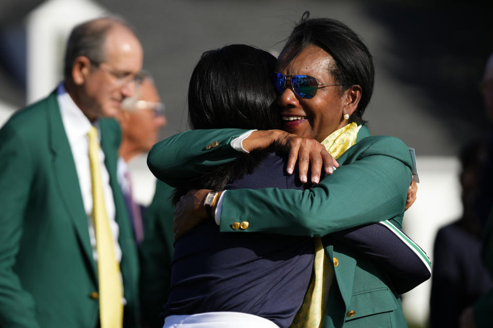 In this April, 1, 2023 photo, former Secretary of State Condoleezza Rice, right, hugs Rose Zhang after Zhang won the Augusta National Women's Amateur golf tournament in Augusta, Ga. (AP Photo/Matt Slocum)