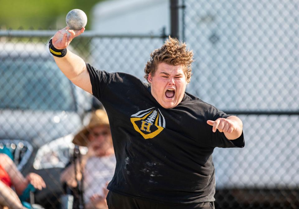 Hononegah's Jacob Klink throws the shot put during a track and field meet on Friday, May 13, 2022, at Hononegah High School in Rockton.