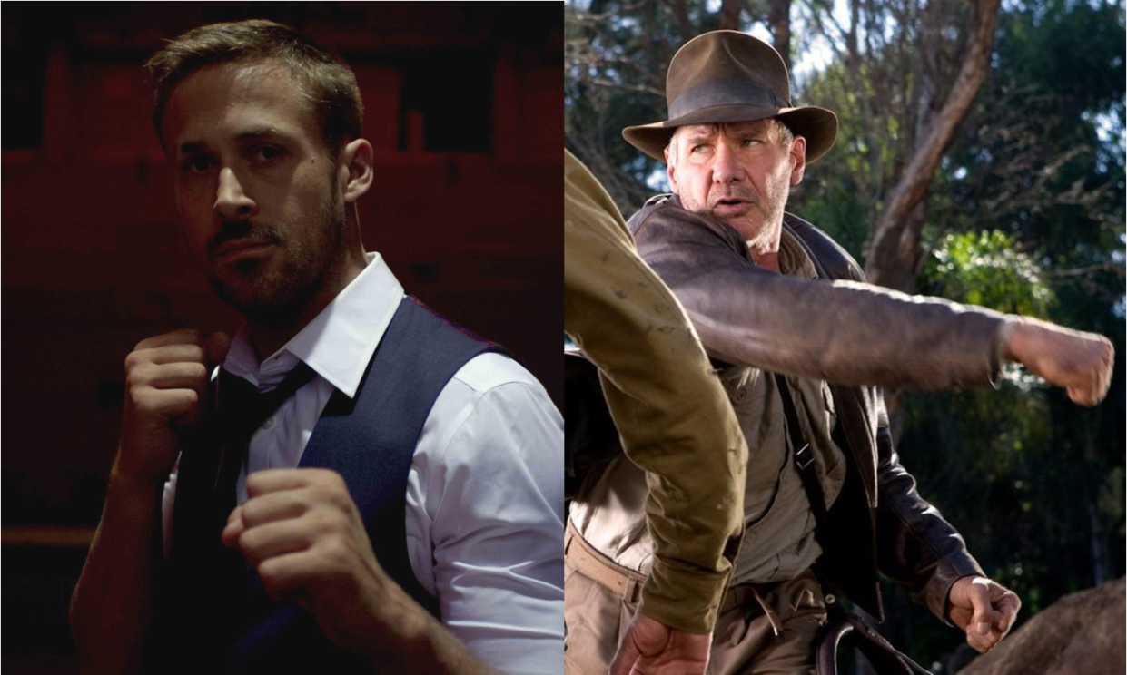 Ryan Gosling in 'Only God Forgives' and Harrison Ford as Indiana Jones. (Credit: Gaumont / LucasFilm)