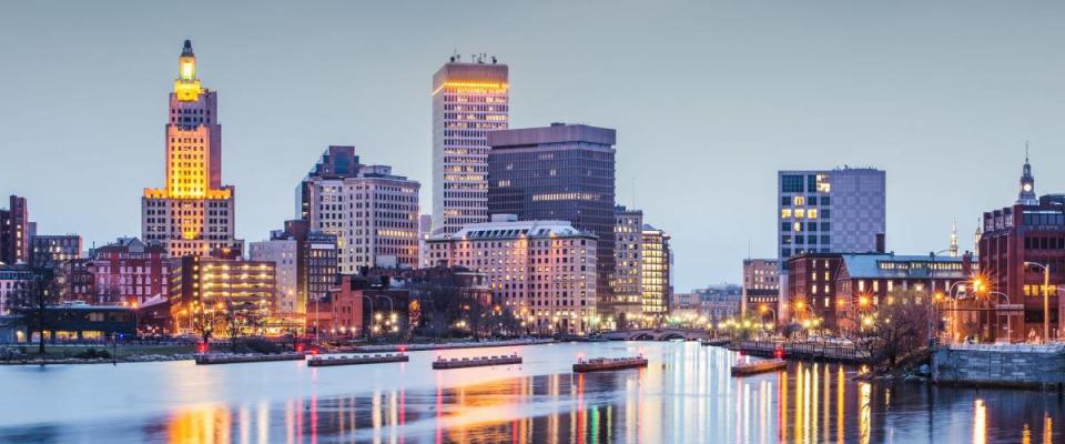 Providence, Rhode Island downtown cityscape viewed from above the Providence River.