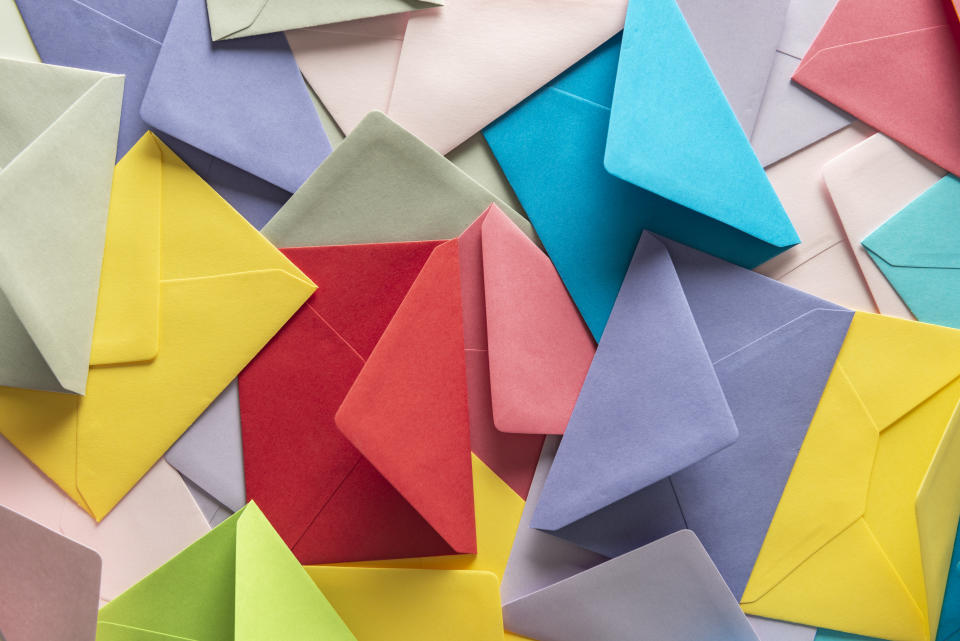 Top view colorful envelopes.