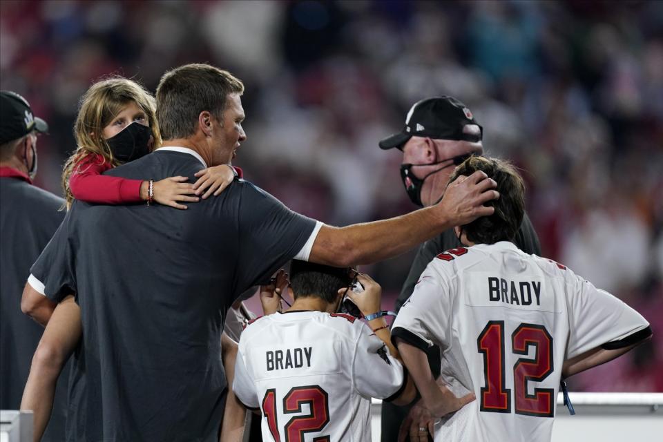 Tampa Bay quarterback Tom Brady celebrates with his children after winning his seventh Super Bowl.