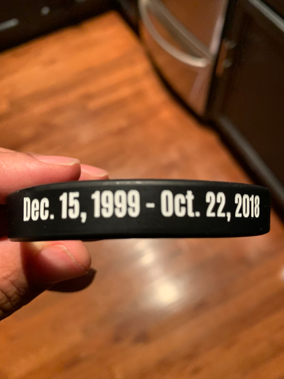 The dates on Rae Carruth’s bracelet signify the days he was incarcerated in North Carolina prisons. He was released in 2018. Carruth said shortly after the release that he wears the bracelet every day to remind himself how fortunate he is to be getting a second chance in life.