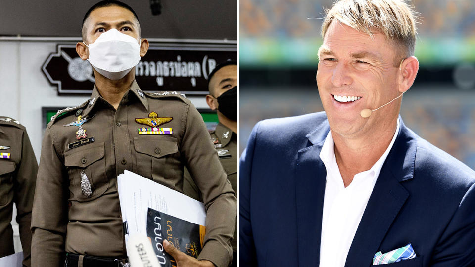 Thai police, pictured here revealing Shane Warne's cause of death in Thailand.