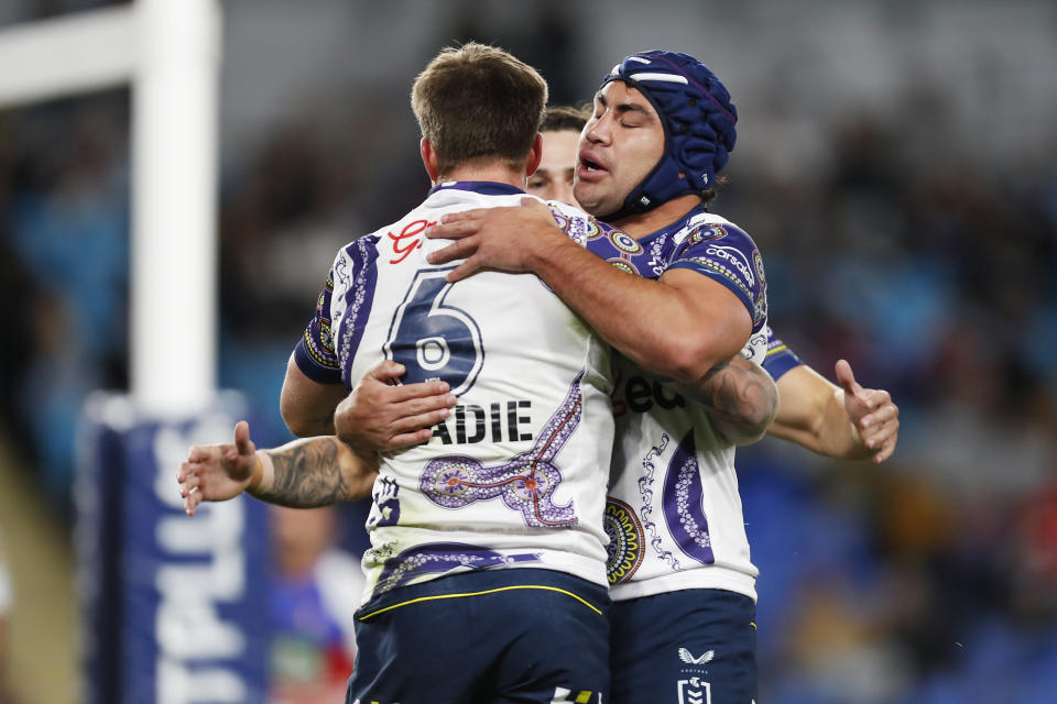 Seen here, Melbourne Storm players celebrate during their win over the Newcastle Knights in round 18.