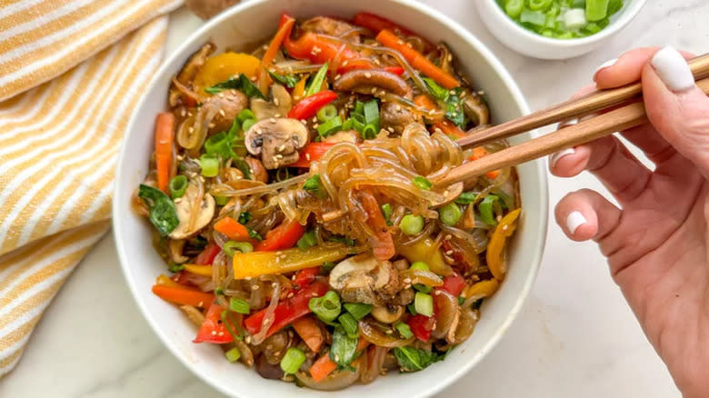 Korean japchae with mushrooms 