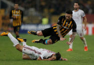 Soccer Football - Europa League - AEK Athens vs AC Milan - OAKA Spiros Louis, Athens, Greece - November 2, 2017 AC Milan's Ricardo Rodriguez in action with AEK Athens' Marko Livaja REUTERS/Costas Baltas