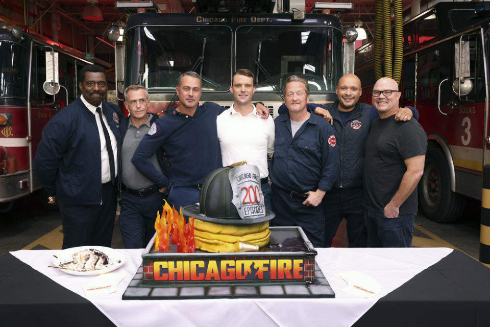 CHICAGO FIRE — “Two Hundred” Episode (l-r) Eamonn Walker, David Eigneberg, Taylor Kinney, Jesse Spencer, Christian Stolte, Joe Minoso, Derek Haas - Credit: NBC