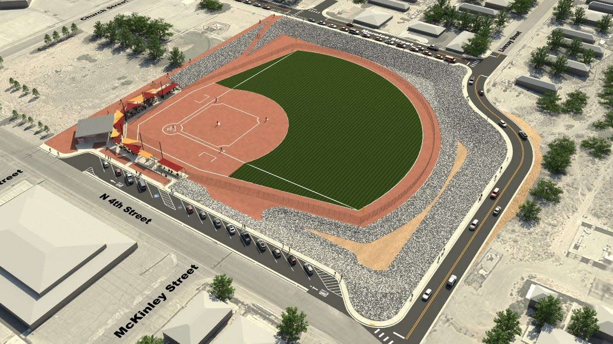 A conceptual drawing by engineering firm Wilson and Co.  shows the Adams Park baseball field elevated above a drainage system designed to pass stormwater into the Anthony Arroyo.