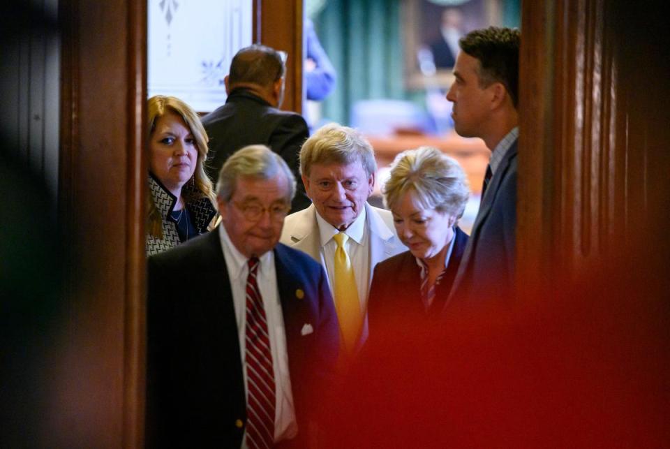 Impeachment trial prosecution lawyers Dick DeGuerin, Rusty Hardin and Harriet O’Neill exit the Senate floor during recess on the first day of the impeachment trial for suspended Attorney General Ken Paxton Tuesday, Sept. 5, 2023 in Austin.