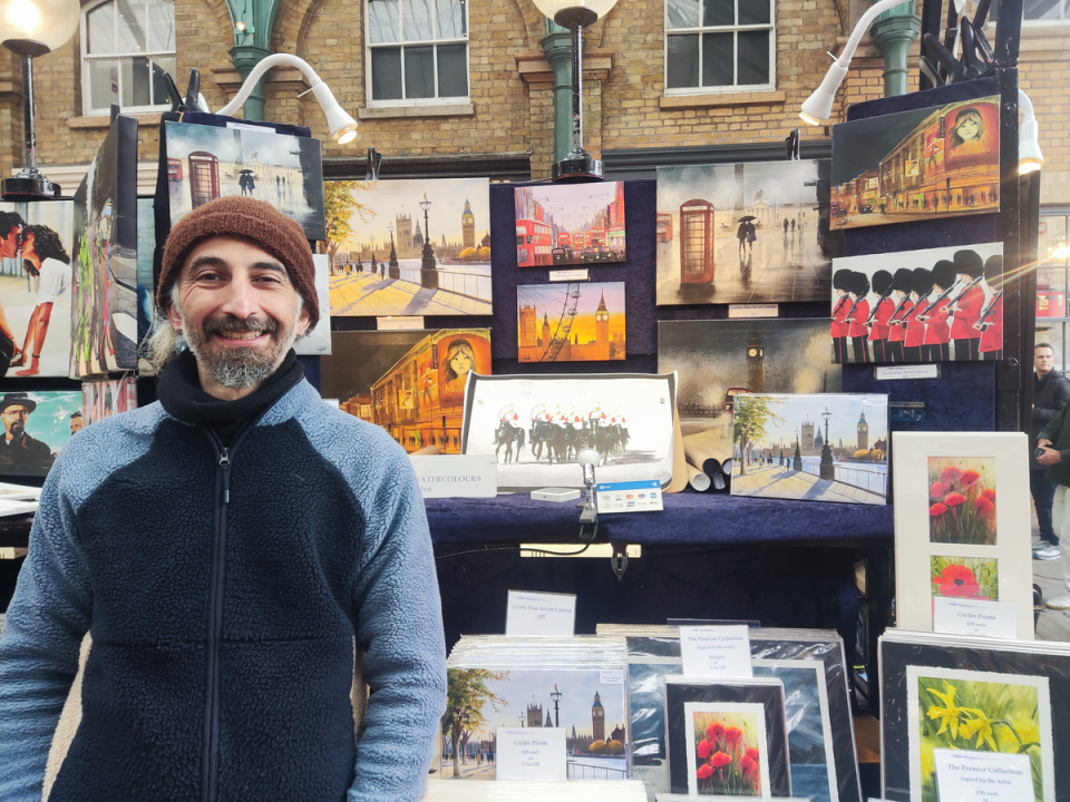 Tevfik Ulusoy, a watercolour dealer at Covent Garden’s historic Apple Market, says transport strikes are ‘killing us small businesses’ (Barney Davis)