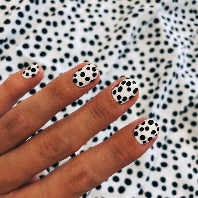 <p>Match your nails to your Zara dress by adding some black polkadots.</p><p><a href="https://www.instagram.com/p/B0jDbBjnuST/" rel="nofollow noopener" target="_blank" data-ylk="slk:See the original post on Instagram;elm:context_link;itc:0;sec:content-canvas" class="link ">See the original post on Instagram</a></p>