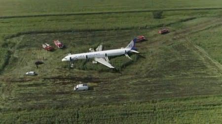 A view shows a passenger plane following an emergency landing near Moscow