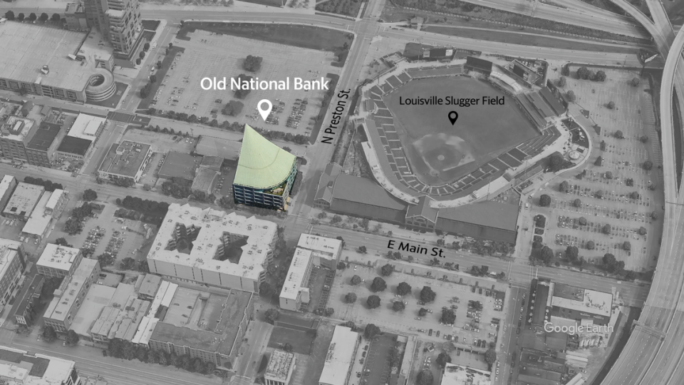 Old National Bank in downtown Louisville, near Louisville Slugger Field, was the site of a shooting that left five dead and several others injured on April 10, 2023.