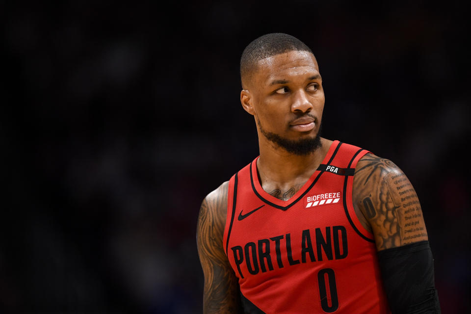 DENVER, CO - MAY 12: Damian Lillard (0) of the Portland Trail Blazers prepares to resume action against the Denver Nuggets during the second quarter on Sunday, May 12, 2019. The Denver Nuggets versus the Portland Trail Blazers in game seven of the teams' second round NBA playoff series at the Pepsi Center in Denver. (Photo by AAron Ontiveroz/MediaNews Group/The Denver Post via Getty Images)