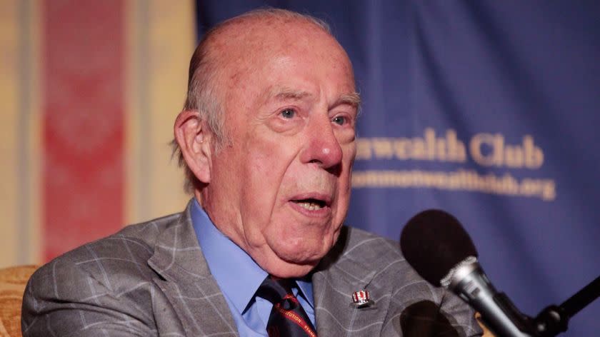 Former US Secretary of State George Shultz speaks alongside fellow Secretary of State Madeleine Albright at a gathering of the Commonwealth Club in San Francisco, Wednesday, July 14, 2010. (AP Photo/Marcio Jose Sanchez)