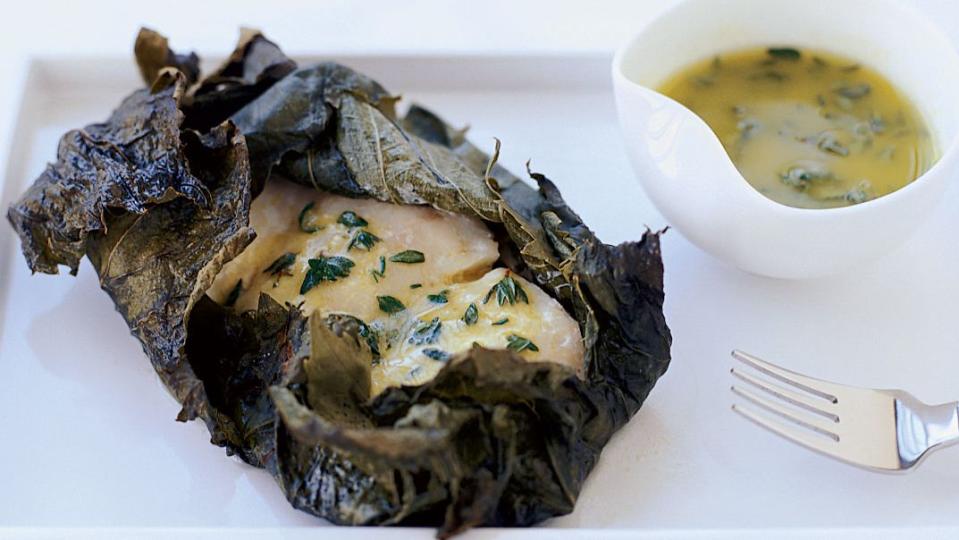 Halibut Roasted in Grape Leaves with Lemon Vinaigrette