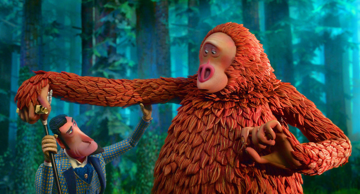 Hugh Jackman's Lionel Frost sizes up The Missing Link. (Lionsgate)