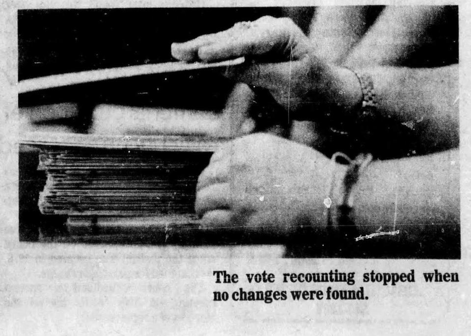 Ballots for a San Luis Obispo County Board of Supervisors race were recounted by hand in 1980. The result confirmed a win for Jeffrey Jorgensen over Ron Dunin.