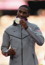 <a href="http://sports.yahoo.com/olympics/track-field/erik-kynard-1132385/" data-ylk="slk:Erik Kynard;elm:context_link;itc:0;sec:content-canvas" class="link ">Erik Kynard</a> of the U.S. reacts as he competes in the men's high jump final during the London 2012 Olympic Games at the Olympic Stadium August 7, 2012. Kynard won silver in the event. (Photo by Quinn Rooney/Getty Images)