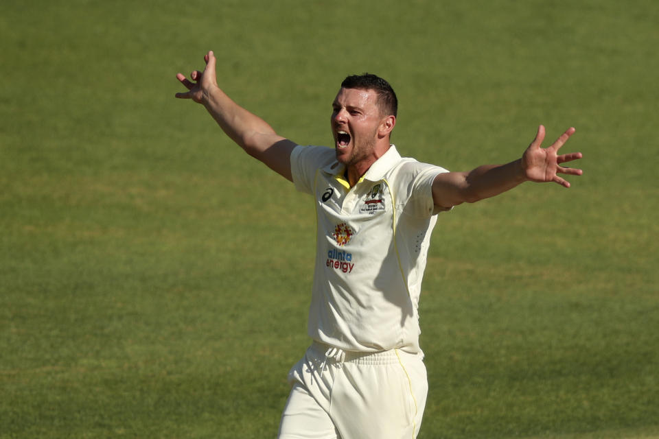 Australia's Josh Hazlewood appeals for a wicket against the West Indies on the 4th day of their cricket test in Perth, Australia, Saturday, Dec. 3, 2022. (AP Photo/Gary Day)