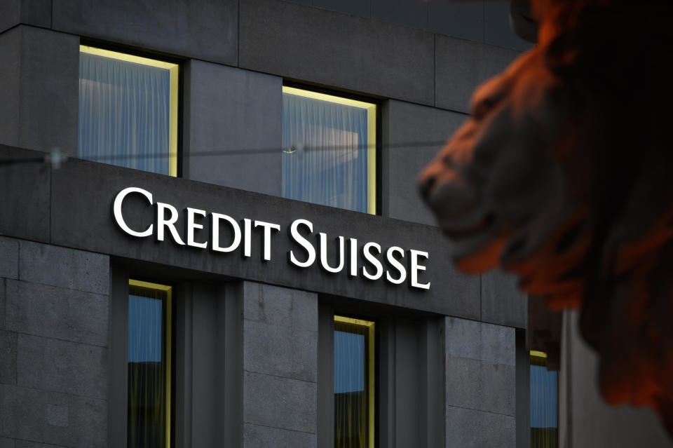 This photograph taken on November 4, 2020 shows a sign of Switzerland's second largest bank Credit Suisse on a branch's building in downtown Geneva. (Photo by Fabrice COFFRINI / AFP) (Photo by FABRICE COFFRINI/AFP via Getty Images)