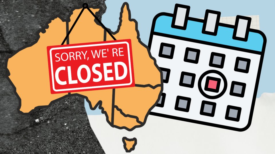 Stylised graphic of Australia map with 'Sorry, we're closed' sign, and calendar to represent public holidays.