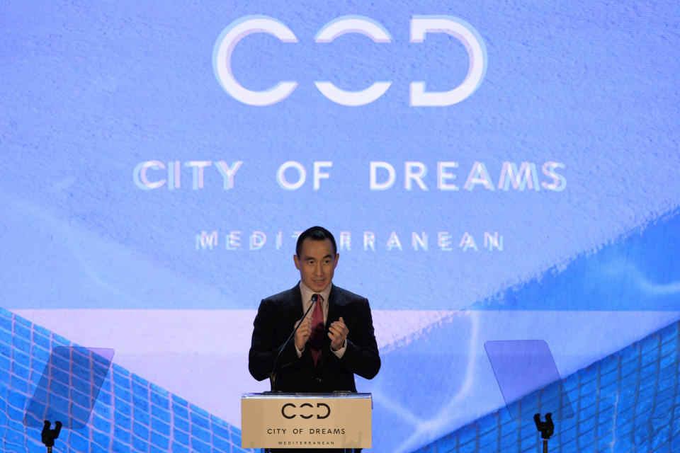Lawrence Ho, Chief Executive Officer and Chairman of Melco Resorts and Entertainment,talks to the media during a press conference at the City of Dreams Mediterranean in southern coastal city of Limassol, Cyprus, on Tuesday, July 11, 2023. Officials say a new casino resort touted as the largest of its kind in Europe has opened its doors in Cyprus, aiming to transform the east Mediterranean island nation as a year-round destination for luxury tourism. (AP Photo/Petros Karadjias)